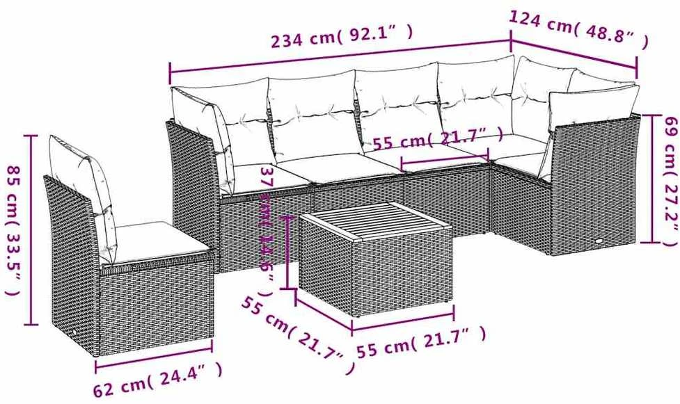 Lauko baldų komplektas Sofos komplektas su pagalvėlėmis, 7 dalių, juodas, poliratanas