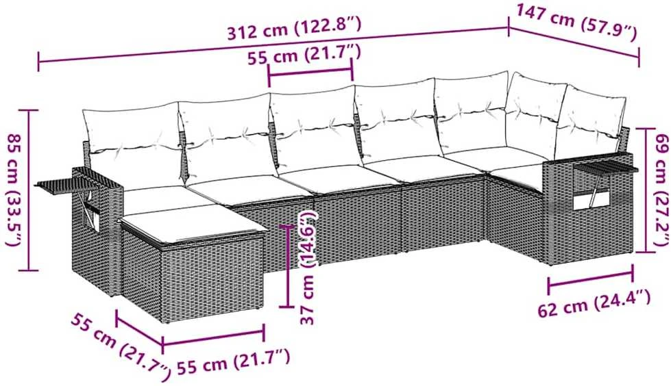 Lauko baldų komplektas Sofos komplektas su pagalvėlėmis, 7 dalių, rudas, poliratanas