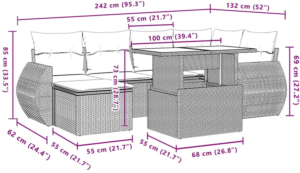 Sofa Sofos komplektas su pagalvėlėmis, 7 dalių, pilkas, poliratanas