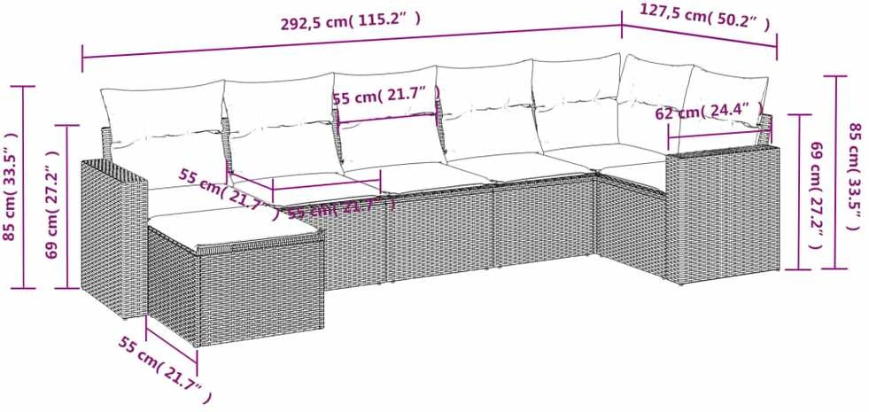 Sofos komplektas su pagalvėlėmis, 7 dalių, rudas, poliratanas