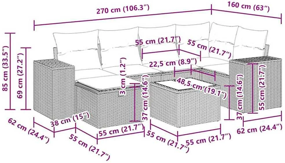 Lauko baldų komplektas Sofos komplektas su pagalvėlėmis, 7 dalių, rudas, poliratanas