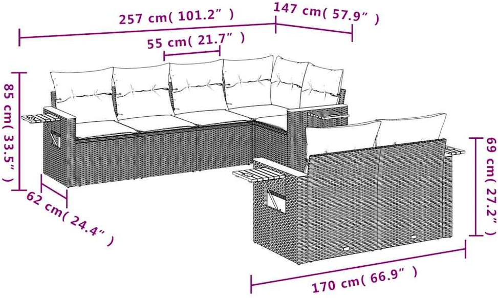 Lauko baldų komplektas Sofos komplektas su pagalvėlėmis, 7 dalių, juodas, poliratanas