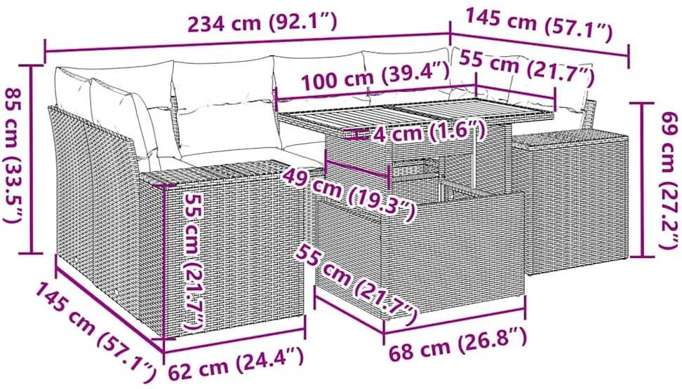 Sofa Sofos komplektas su pagalvėlėmis, 7 dalių, juodas, poliratanas