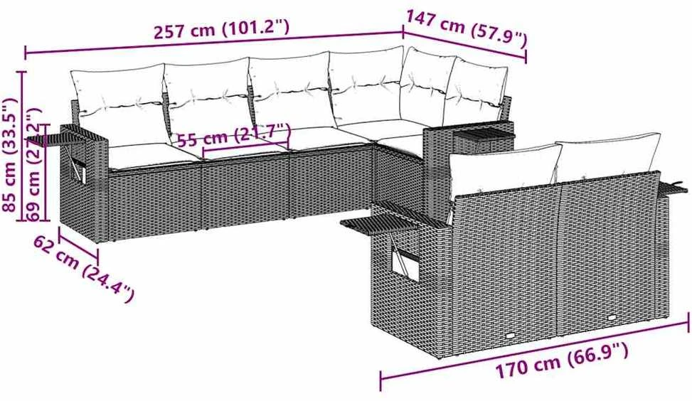 Lauko baldų komplektas Sofos komplektas su pagalvėlėmis, 7 dalių, pilkas, poliratanas