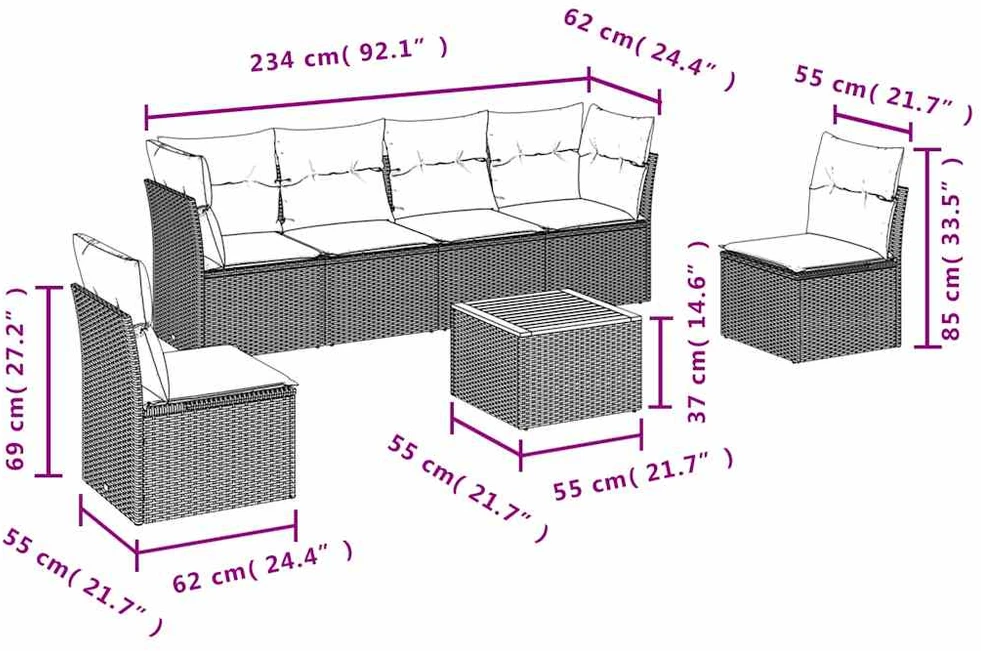 Lauko baldų komplektas Sofos komplektas su pagalvėlėmis, 7 dalių, juodas, poliratanas