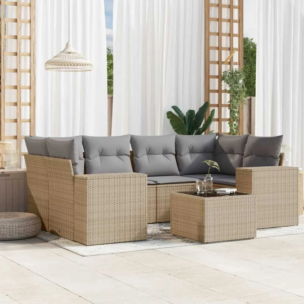 Sofa Sofos komplektas su pagalvėlėmis, 7 dalių, smėlio, poliratanas