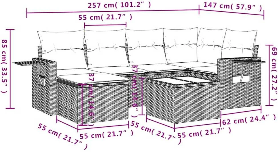 Sofa Sofos komplektas su pagalvėlėmis, 7 dalių, pilkas, poliratanas