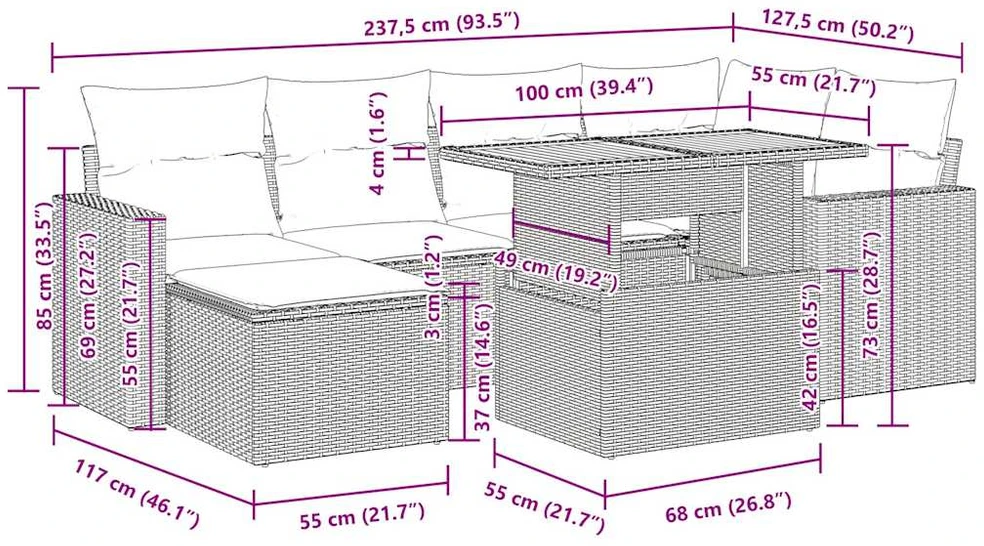 Sofos komplektas su pagalvėlėmis, 7 dalių, pilkas, poliratanas