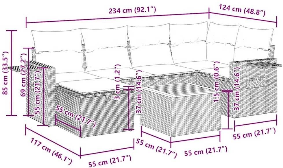 Lauko baldų komplektas Sofos komplektas su pagalvėlėmis, 7 dalių, pilkas, poliratanas