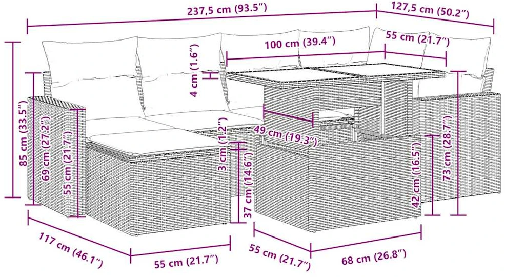 Lauko baldų komplektas Sofos komplektas su pagalvėlėmis, 7 dalių, juodas, poliratanas