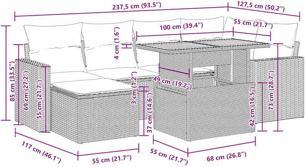 Lauko baldų komplektas Sofos komplektas su pagalvėlėmis, 7 dalių, juodas, poliratanas