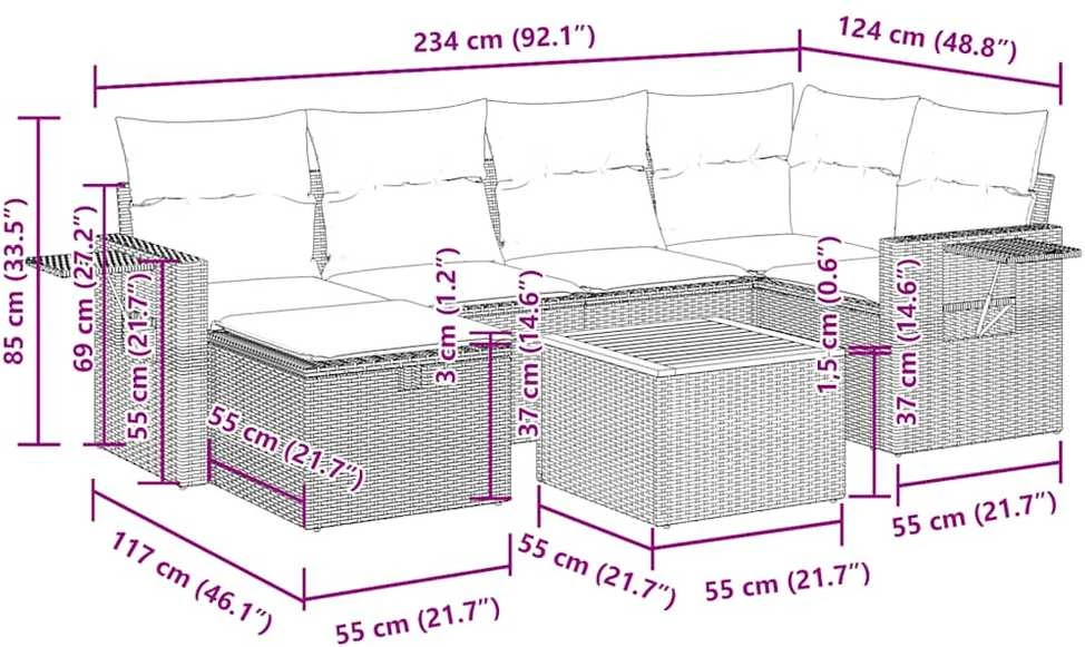 Lauko baldų komplektas Sofos komplektas su pagalvėlėmis, 7 dalių, juodas, poliratanas