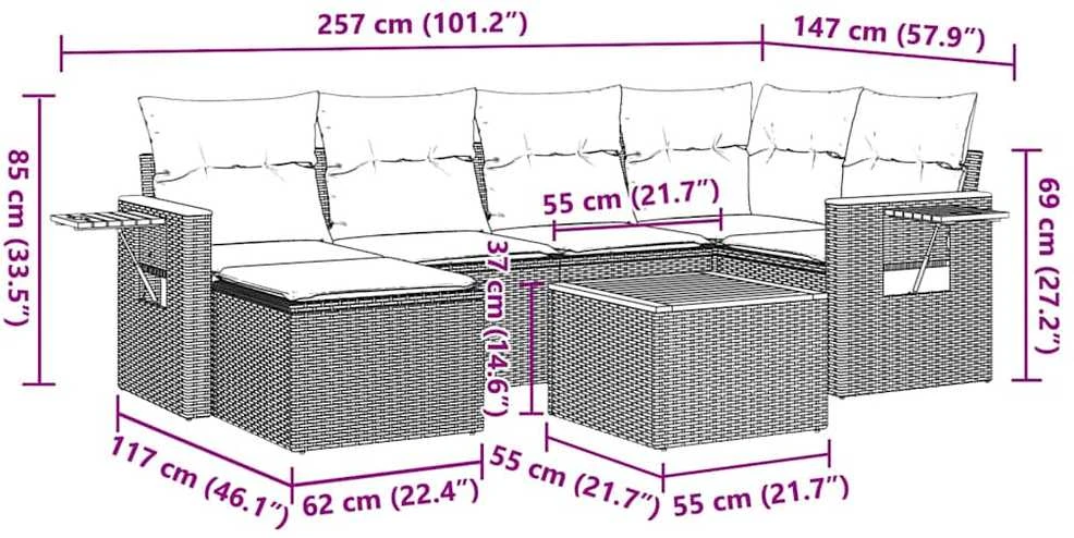 Lauko baldų komplektas Sofos komplektas su pagalvėlėmis, 7 dalių, juodas, poliratanas