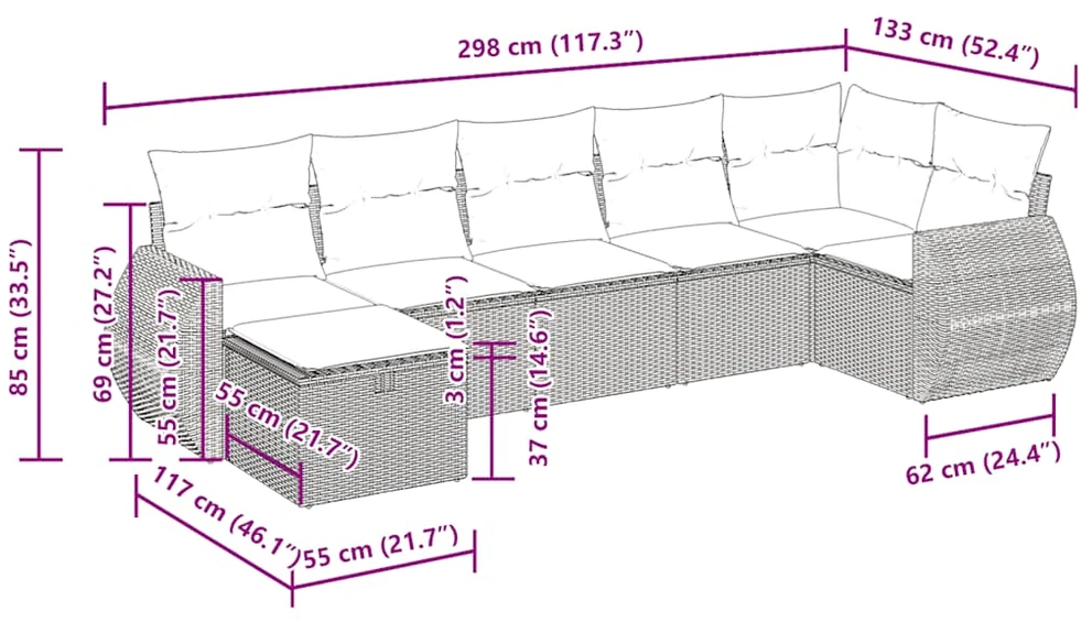 Sofos komplektas su pagalvėlėmis, 7 dalių, juodas, poliratanas