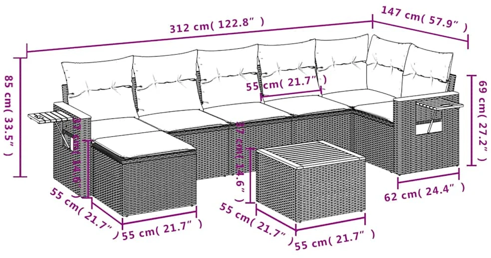 Sofos komplektas su pagalvėlėmis, 8 dalių, pilkas, poliratanas