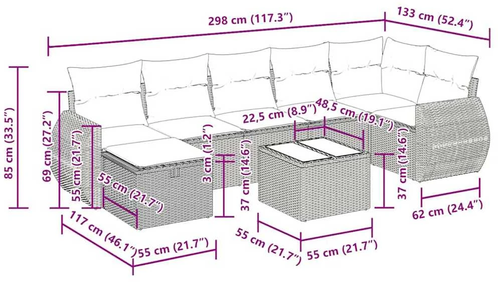 Lauko baldų komplektas Sofos komplektas su pagalvėlėmis, 8 dalių, juodas, poliratanas