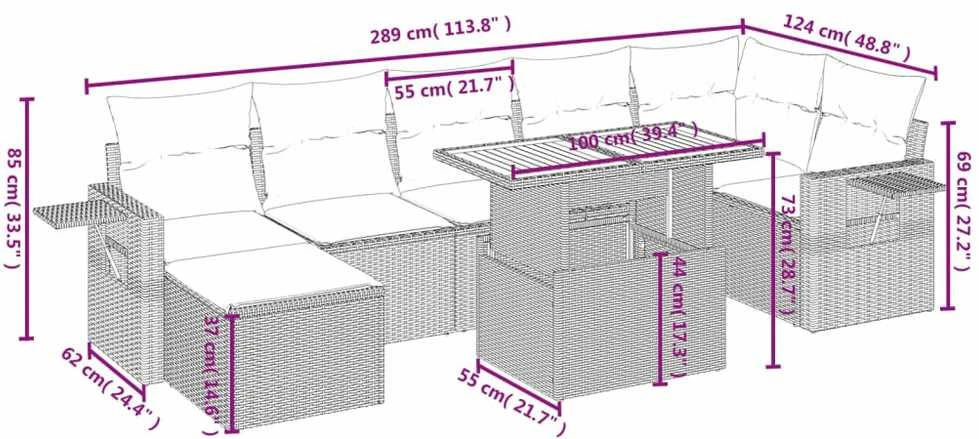 Lauko baldų komplektas Sofos komplektas su pagalvėlėmis, 8 dalių, juodas, poliratanas