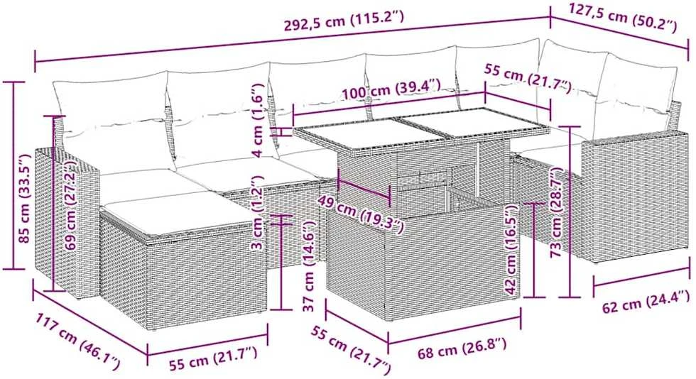 Lauko baldų komplektas Sofos komplektas su pagalvėlėmis, 8 dalių, juodas, poliratanas
