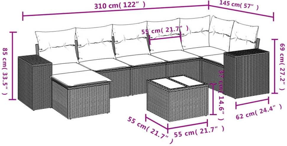 Sofa Sofos komplektas su pagalvėlėmis, 8 dalių, smėlio, poliratanas