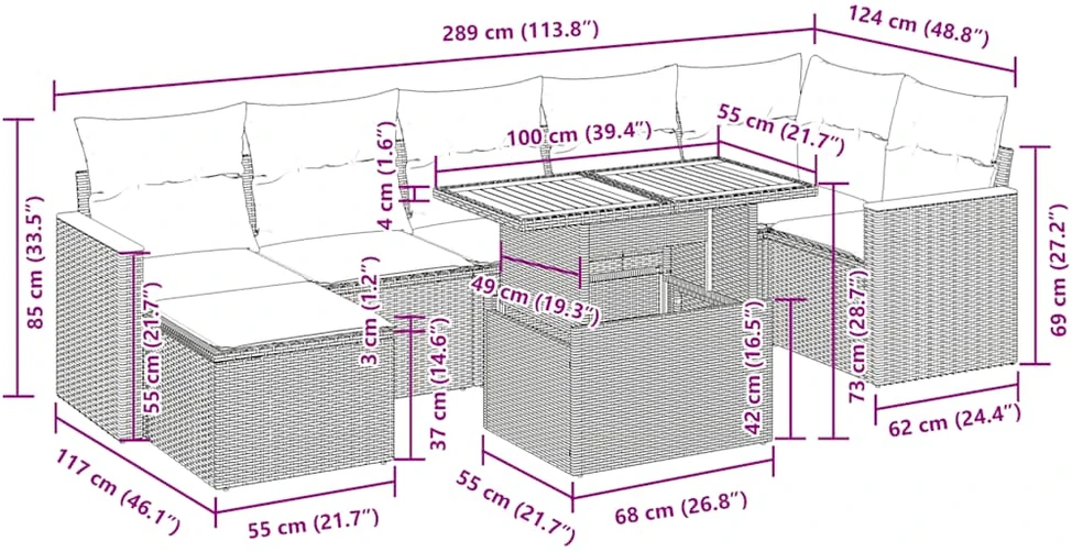 Lauko baldų komplektas Sofos komplektas su pagalvėlėmis, 8 dalių, poliratanas/akacija