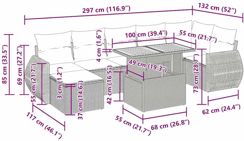 Lauko baldų komplektas Sofos komplektas su pagalvėlėmis, 8 dalių, smėlio, poliratanas