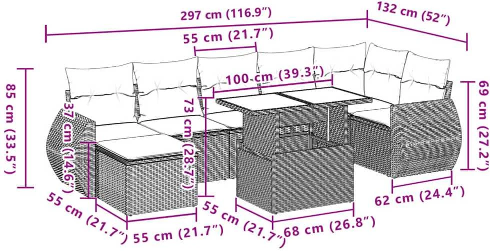 Lauko baldų komplektas Sofos komplektas su pagalvėlėmis, 8 dalių, smėlio, poliratanas