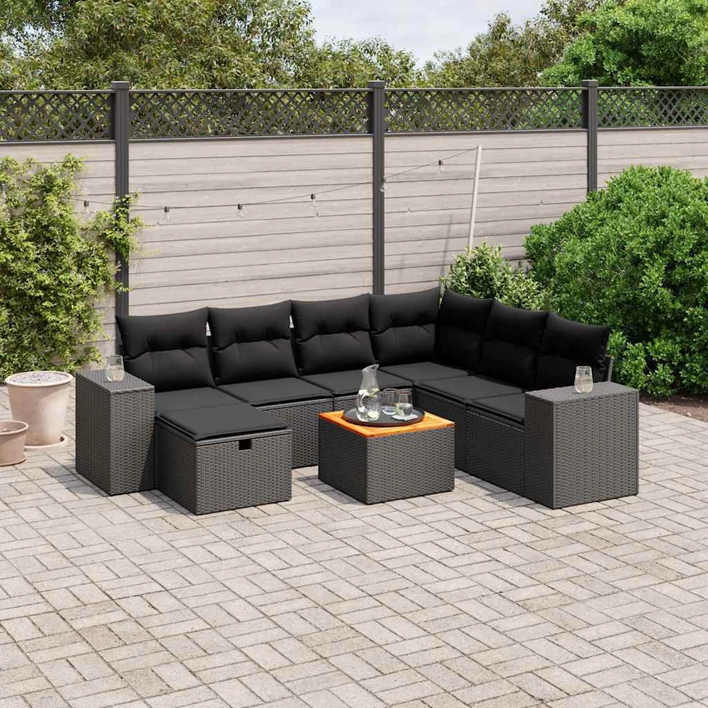 Sofa Sofos komplektas su pagalvėlėmis, 8 dalių, juodas, poliratanas