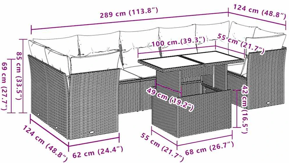 Lauko baldų komplektas Sofos komplektas su pagalvėlėmis, 8 dalių, juodas, poliratanas