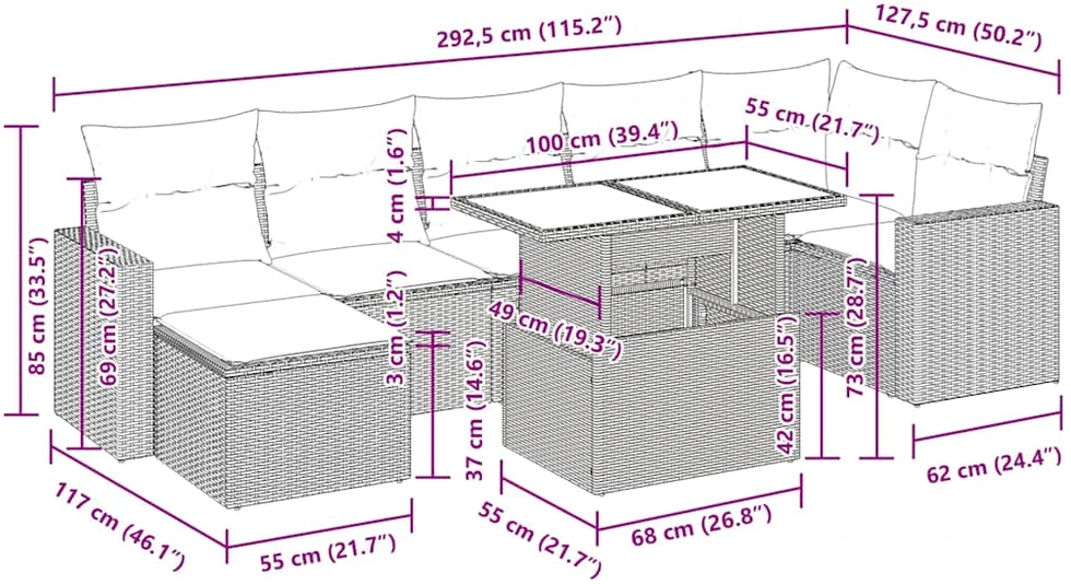 Lauko baldų komplektas Sofos komplektas su pagalvėlėmis, 8 dalių, smėlio, poliratanas