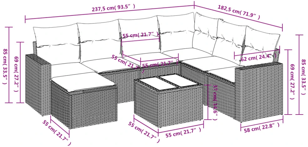 Sofa Sofos komplektas su pagalvėlėmis, 8 dalių, smėlio, poliratanas