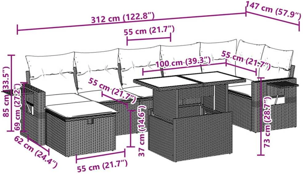 Lauko baldų komplektas Sofos komplektas su pagalvėlėmis, 8 dalių, juodas, poliratanas