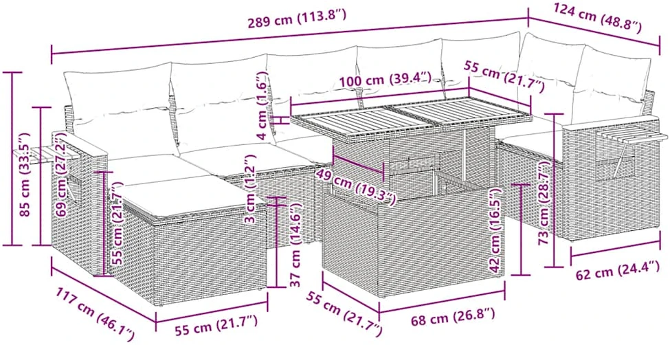 Lauko baldų komplektas Sofos komplektas su pagalvėlėmis, 8 dalių, poliratanas/akacija