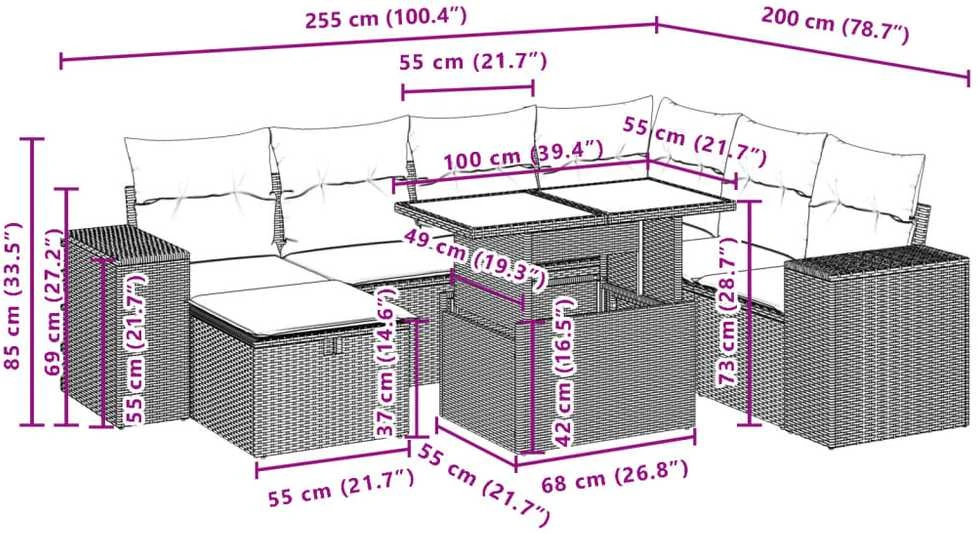 Lauko baldų komplektas Sofos komplektas su pagalvėlėmis, 8 dalių, juodas, poliratanas