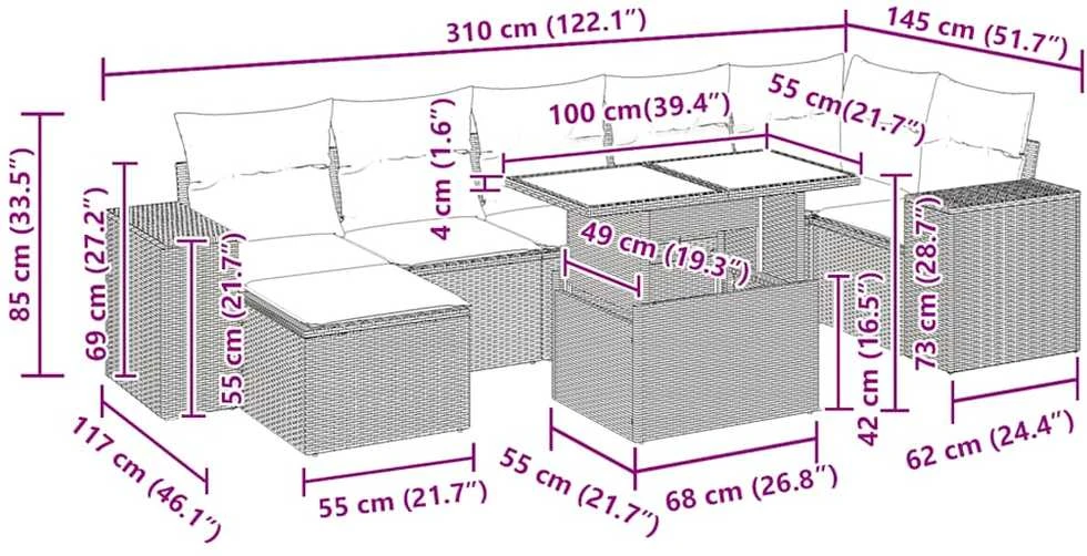 Lauko baldų komplektas Sofos komplektas su pagalvėlėmis, 8 dalių, smėlio, poliratanas