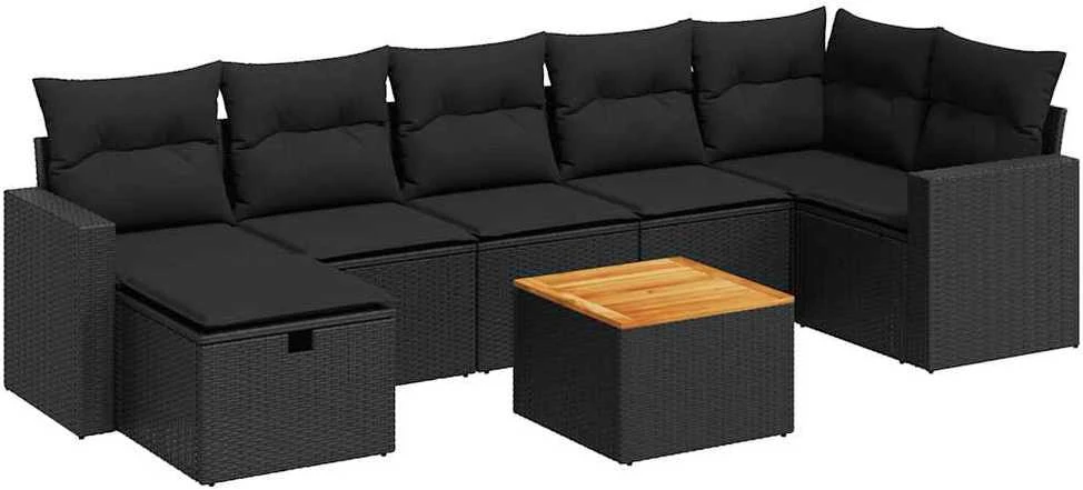 Lauko baldų komplektas Sofos komplektas su pagalvėlėmis, 8 dalių, juodas, poliratanas