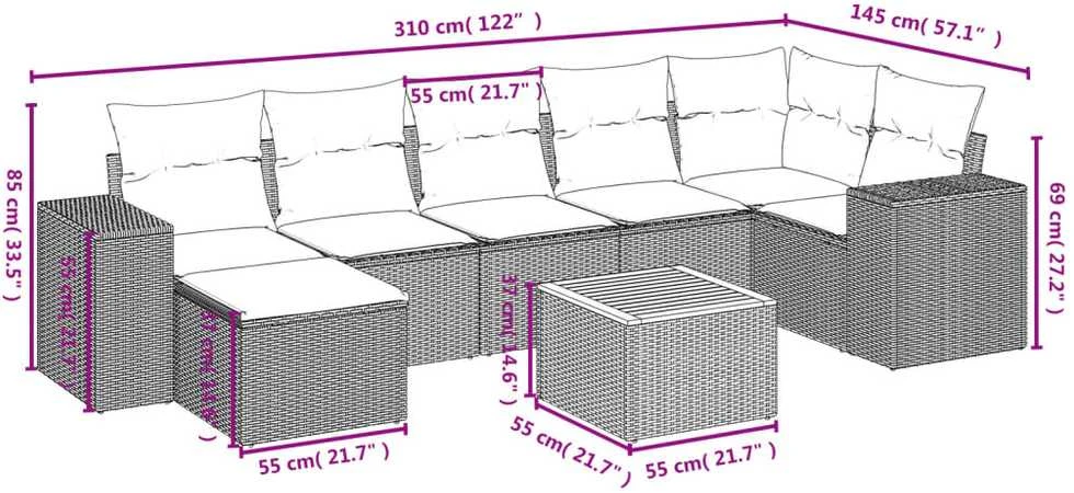 Sofa Sofos komplektas su pagalvėlėmis, 8 dalių, smėlio, poliratanas