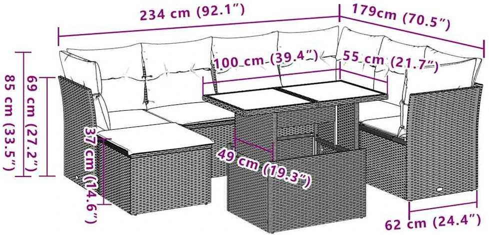 Lauko baldų komplektas Sofos komplektas su pagalvėlėmis, 8 dalių, juodas, poliratanas
