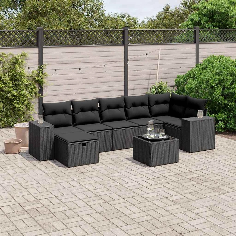 Sofa Sofos komplektas su pagalvėlėmis, 8 dalių, juodas, poliratanas