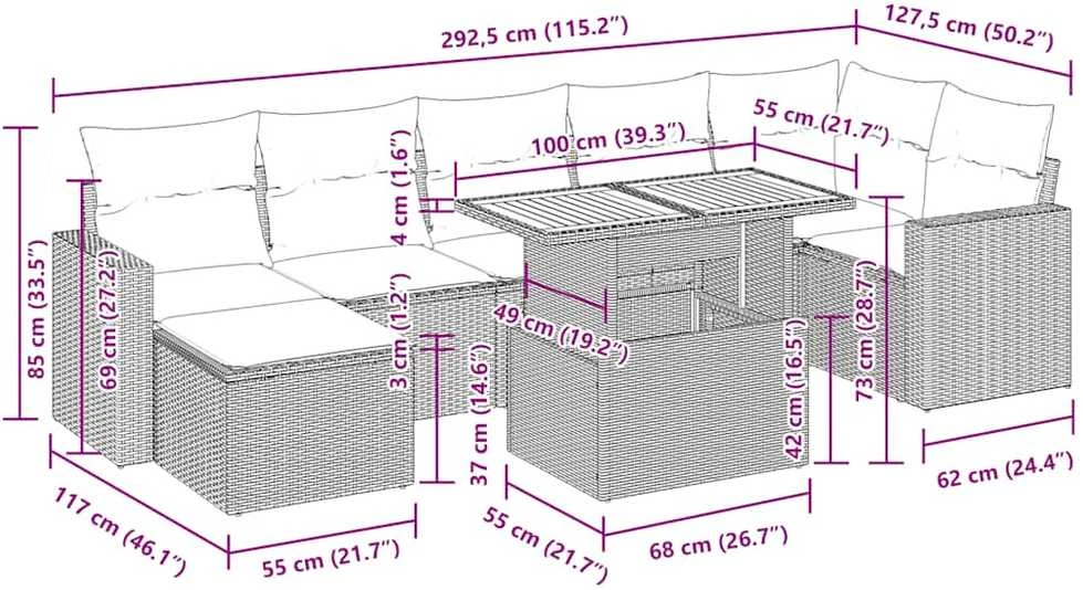 Lauko baldų komplektas Sofos komplektas su pagalvėlėmis, 8 dalių, juodas, poliratanas