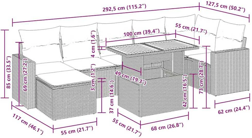 Lauko baldų komplektas Sofos komplektas su pagalvėlėmis, 8 dalių, smėlio, poliratanas