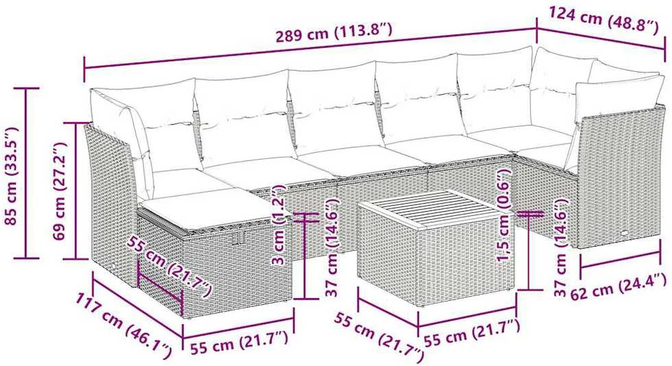 Lauko baldų komplektas Sofos komplektas su pagalvėlėmis, 8 dalių, juodas, poliratanas