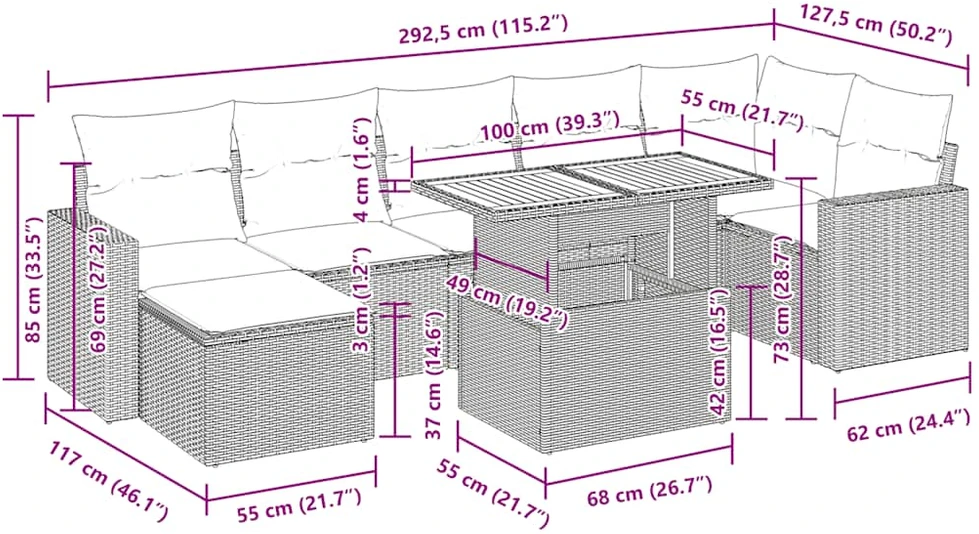 Sofos komplektas su pagalvėlėmis, 8 dalių, juodas, poliratanas