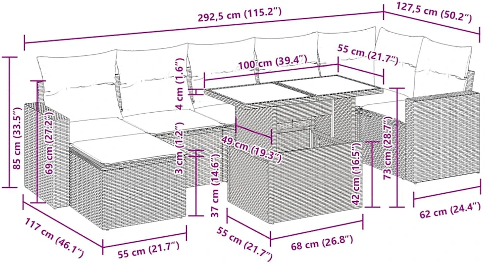 Sofos komplektas su pagalvėlėmis, 8 dalių, juodas, poliratanas