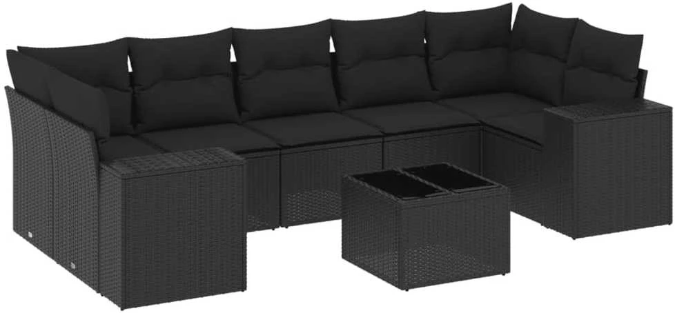 Sofa Sofos komplektas su pagalvėlėmis, 8 dalių, juodas, poliratanas