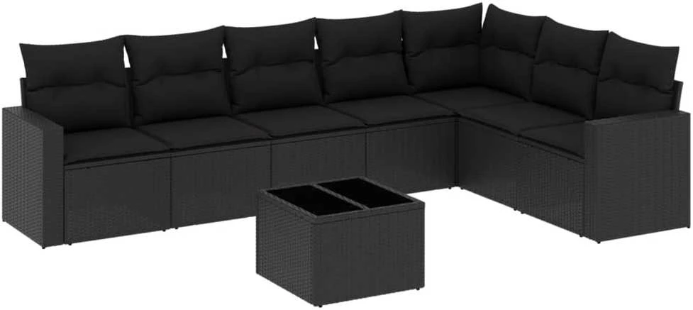 Sofos komplektas su pagalvėlėmis, 8 dalių, juodas, poliratanas
