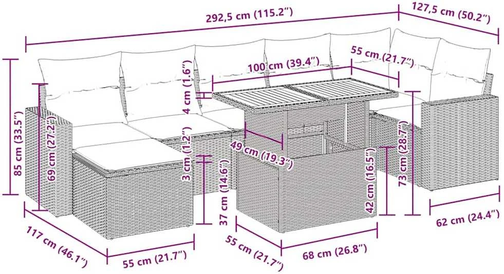 Lauko baldų komplektas Sofos komplektas su pagalvėlėmis, 8 dalių, smėlio, poliratanas