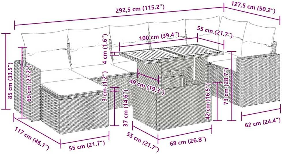 Lauko baldų komplektas Sofos komplektas su pagalvėlėmis, 8 dalių, juodas, poliratanas