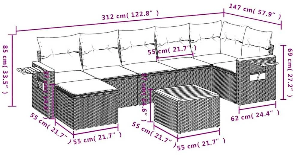 Sofos komplektas su pagalvėlėmis, 8 dalių, pilkas, poliratanas