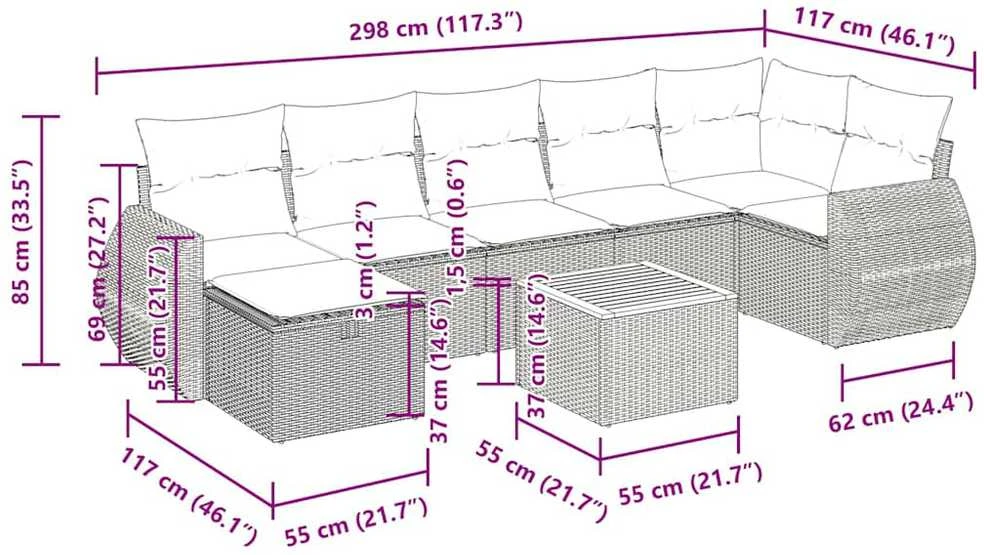 Lauko baldų komplektas Sofos komplektas su pagalvėlėmis, 8 dalių, juodas, poliratanas