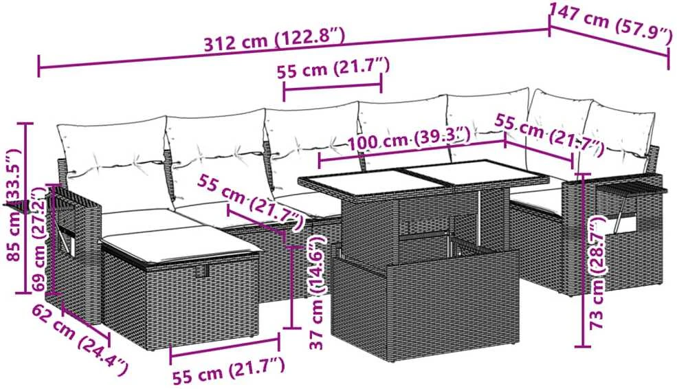 Lauko baldų komplektas Sofos komplektas su pagalvėlėmis, 8 dalių, juodas, poliratanas